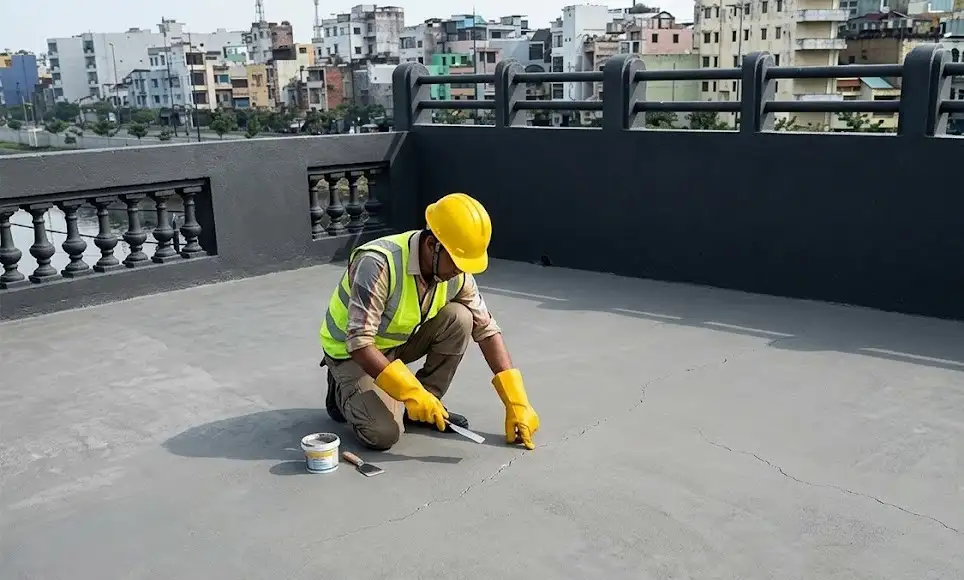 Hình ảnh sân thượng bị thấm dột thực tế cho thấy thép sàn bị rỉ sét, đe dọa trực tiếp đến sự an toàn của quý khách hàng