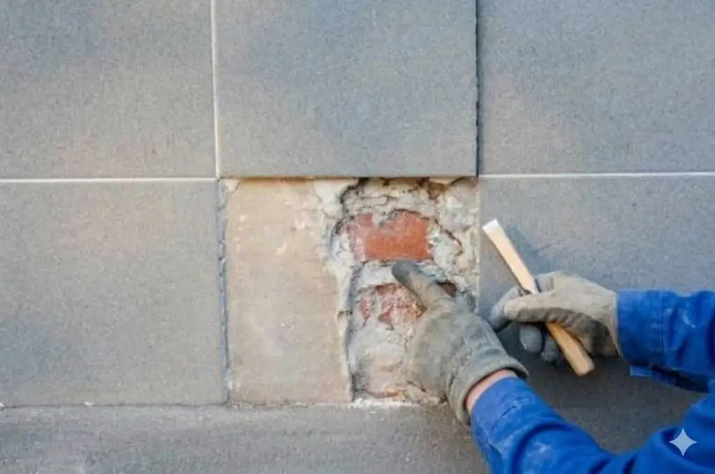 Gạch ốp tường bị rơi, bong ở các vị trí cao có thể gây ra những tai nạn đáng tiếc 