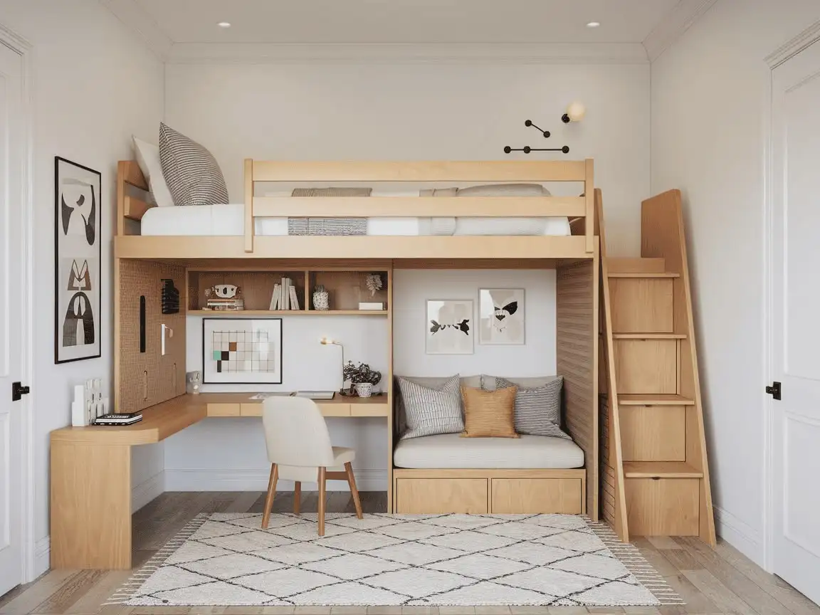 Decor Phòng Ngủ 10m2 Như Thế Nào? Top 21+ Ý Tưởng Hay Mách Bạn 3 Sử dụng giường tầng thay thế, tận dung không gian phía dưới đặt bàn làm việc hoặc tủ quần áo.