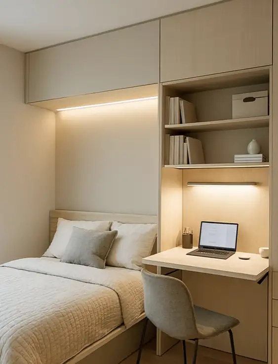 Decor Phòng Ngủ 10m2 Như Thế Nào? Top 21+ Ý Tưởng Hay Mách Bạn 19 Bàn làm việc gấp gọn vô cùng thích hợp cho không gian phòng ngủ không quá rộng.